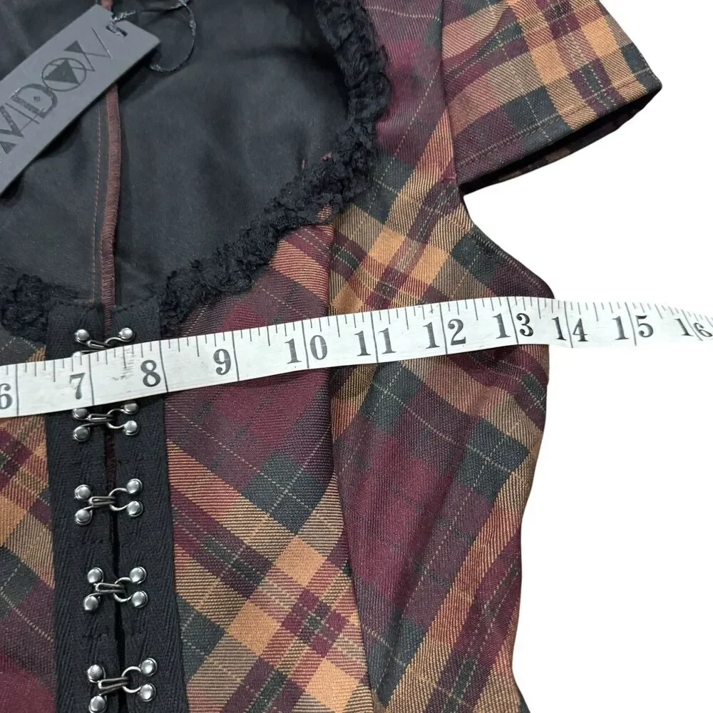 Widow Corset Mini Dress XXS Burgundy Plaid Hook & Eye Goth Punk Alt NWT - Picture 8 of 13